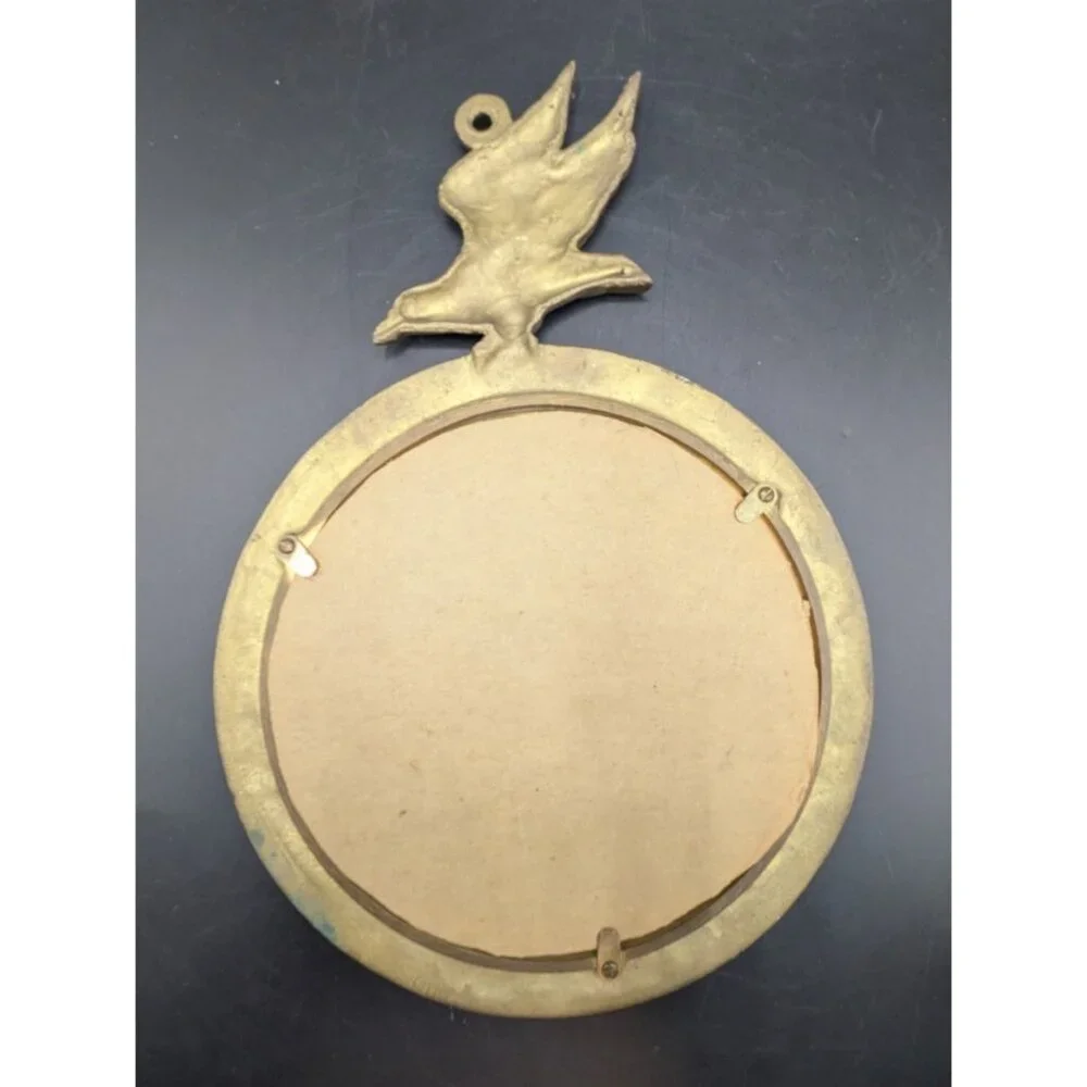 Vintage Brass Round Crow Raven Bird Framed Mirror Wall Mount Tarnished 12